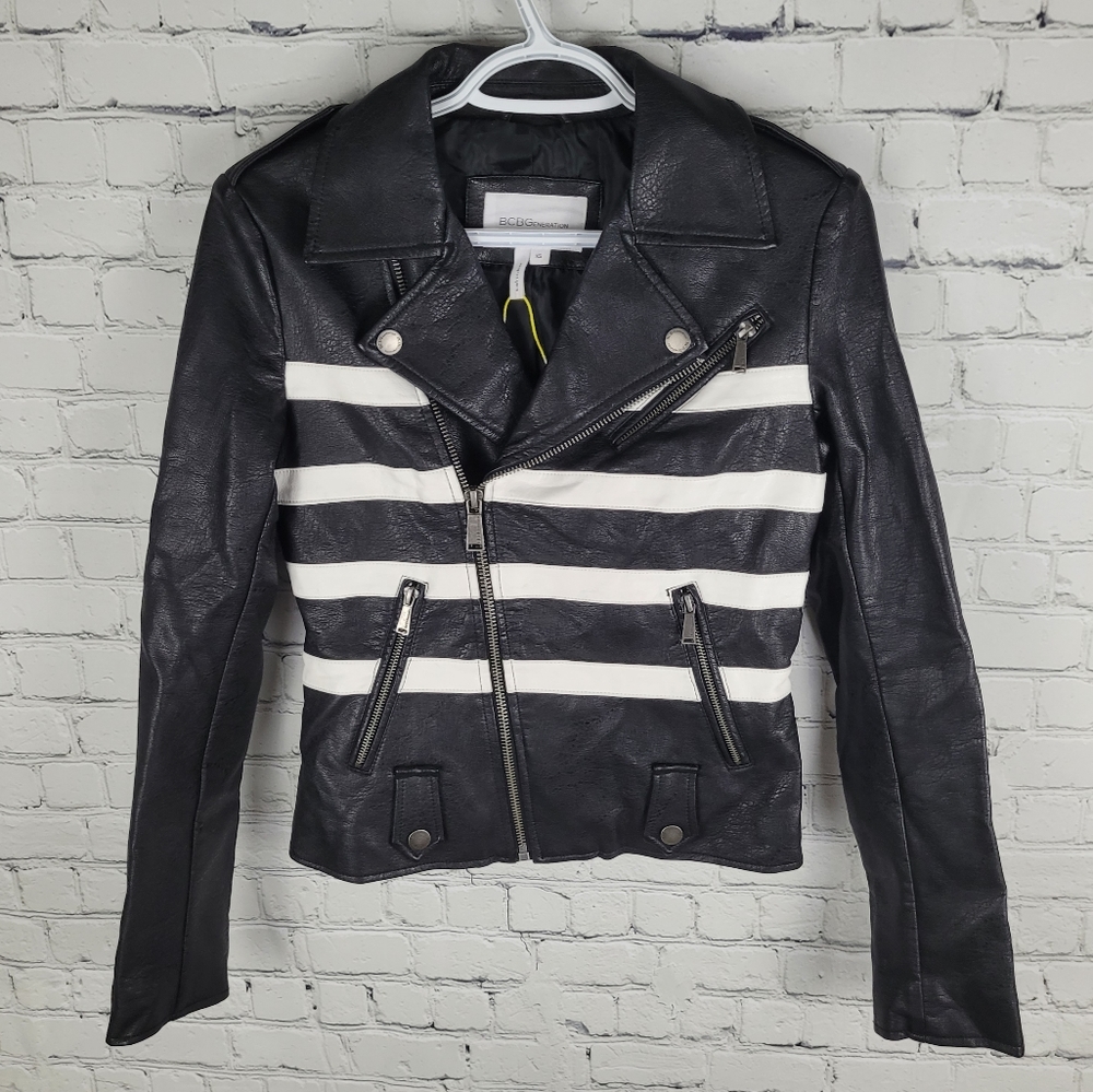 BCBGENERATION | striped faux leather biker moto jacket